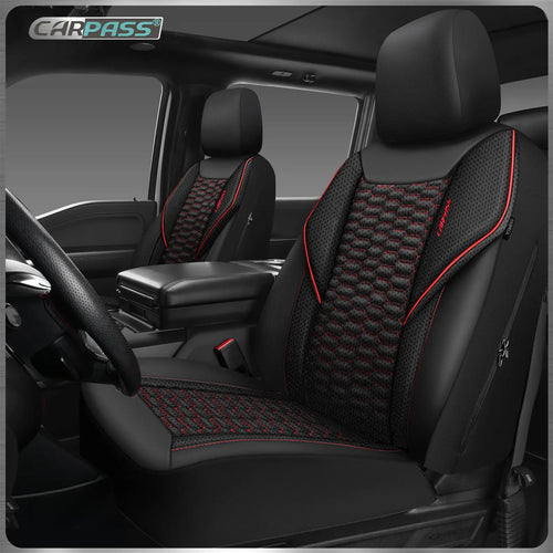 CAR PASS PU Leather Foam Mesh Breathable Waterproof Car Seat Covers for 2/5 Seats - Universal Protectors for Most Vehicles, Airbag Compatible, Guards Against Spills & Scratches, Black & Red Front and Rear Covers