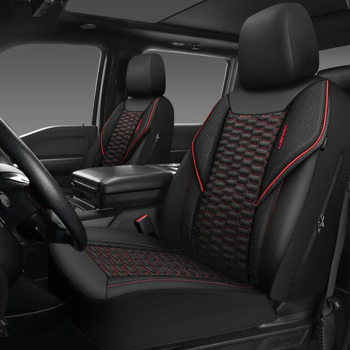 CAR PASS PU Leather Foam Mesh Breathable Waterproof Car Seat Covers for 2/5 Seats - Universal Protectors for Most Vehicles, Airbag Compatible, Guards Against Spills & Scratches, Black & Red Front and Rear Covers